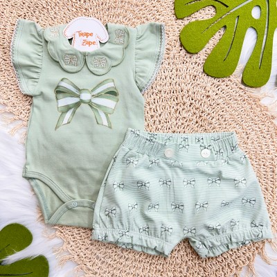 Conj. Body Gola Bordada Lacinhos e Short - Verde e Off White